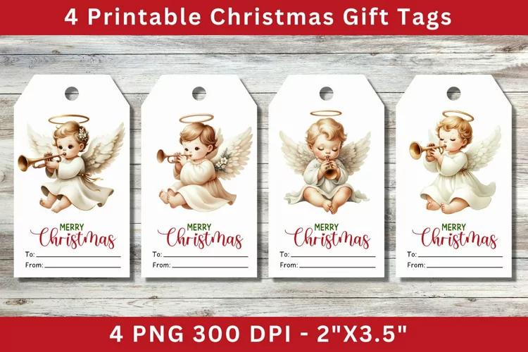Christmas Gift Tags, baby angel holding trumpet