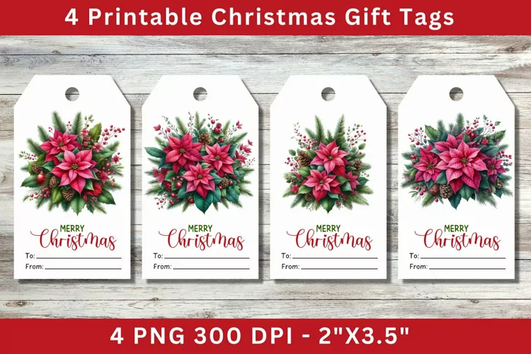 Christmas Gift Tags, poinsettias wreath