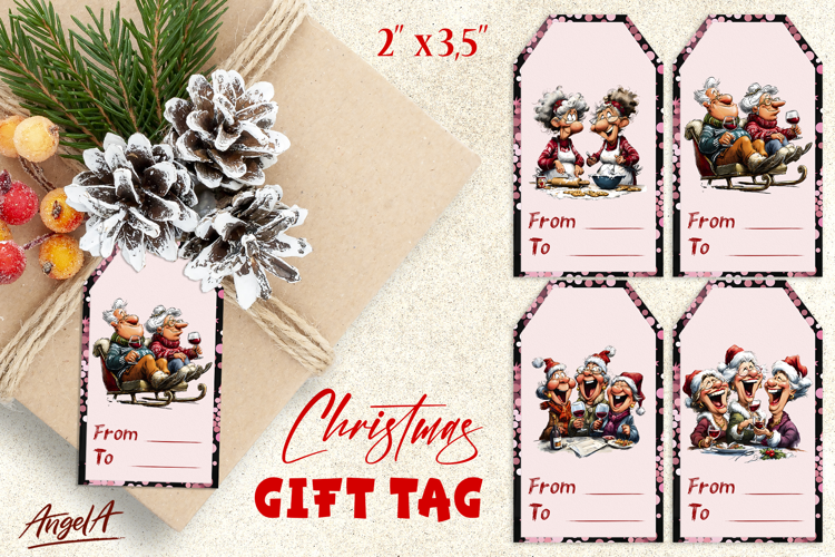 Christmas gift tags, Holiday gift label Happy elderly people