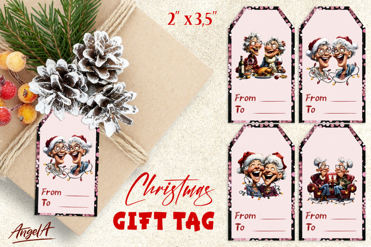 Christmas gift tags, Holiday gift label Happy elderly lady