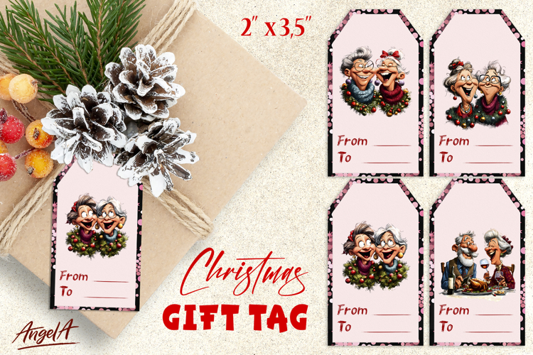 Christmas gift tags, Holiday gift label Happy elderly ladies