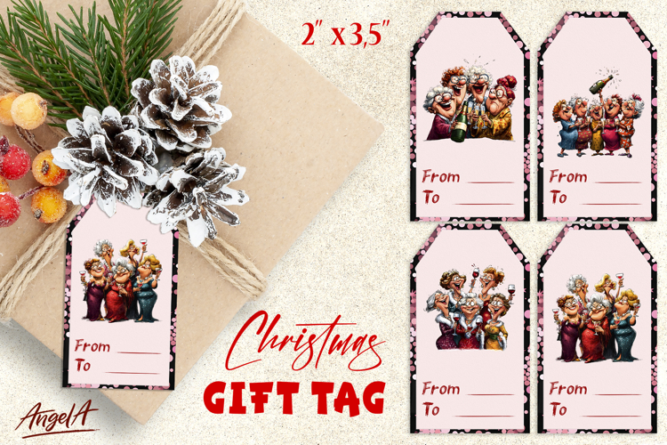 Christmas gift tags, Holiday gift label Ladies drinking wine