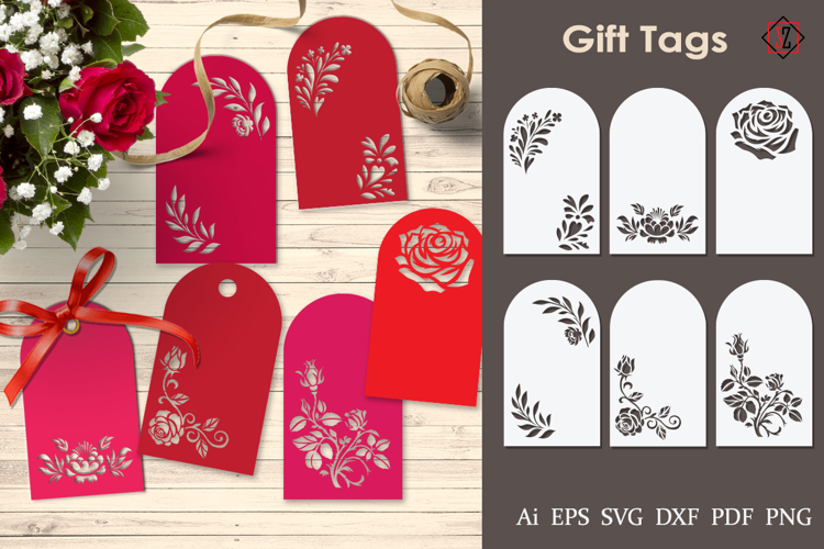 Tags with cut-out flowers.