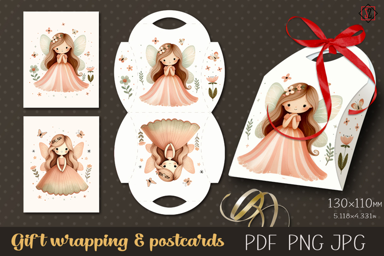 Gift wrapping and cards featuring a fairy girl