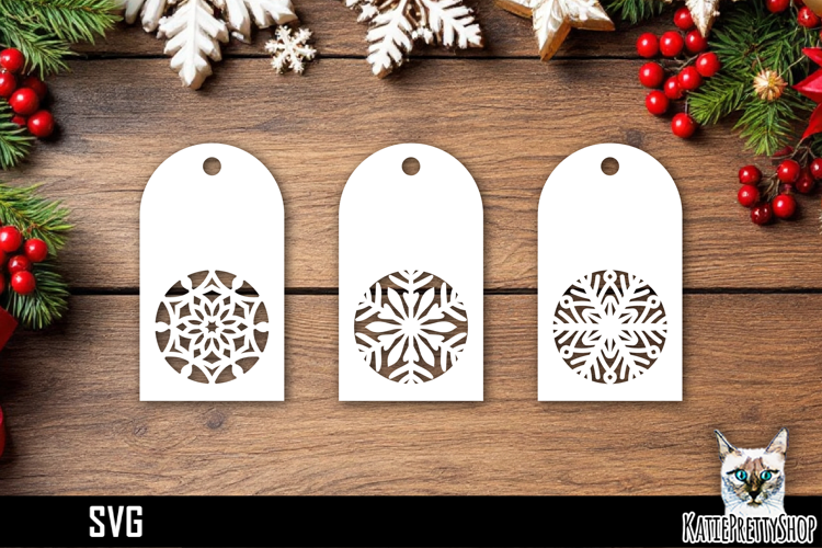Papercut Christmas Tags with Snowflake Designs SVG Ornaments