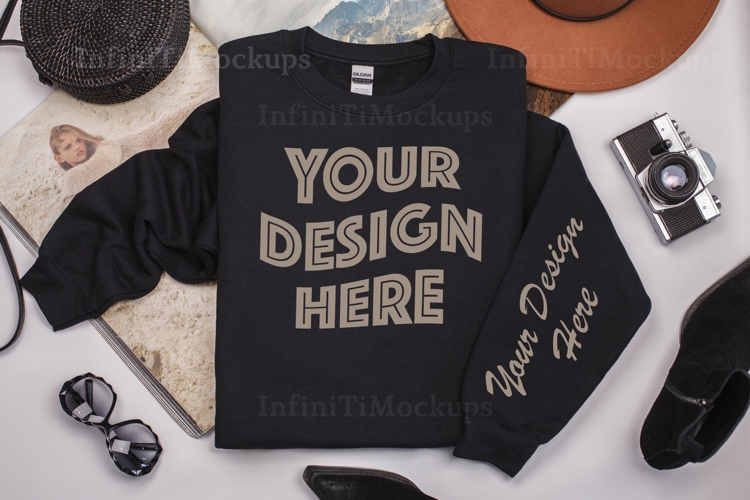 Gildan 18000 Black Sweatshirt mockup flat lay