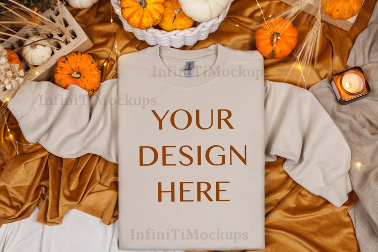 Gildan 18000 Sand Sweatshirt mockup flat lay Fall Aesthetic