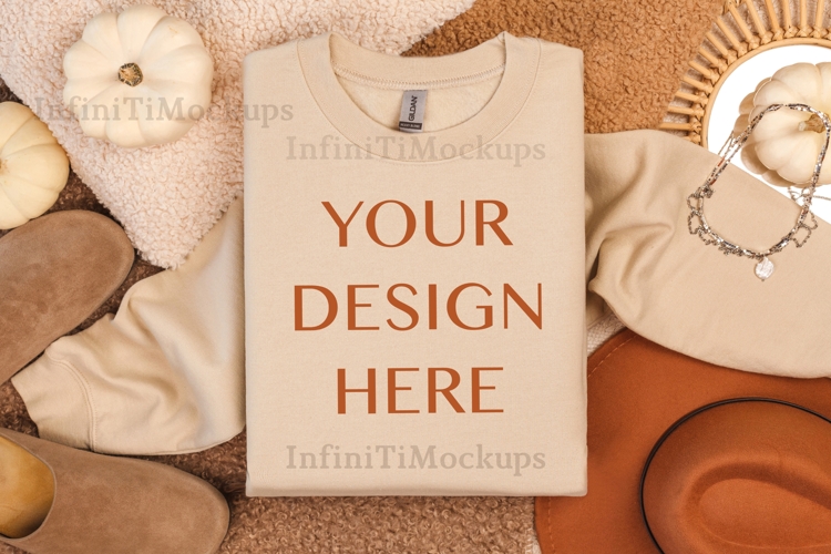 Gildan 18000 Sand Sweatshirt mockup flat lay Fall Aesthetic