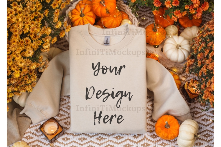 Gildan 18000 Sand Sweatshirt mockup flat lay Fall Pumpkins