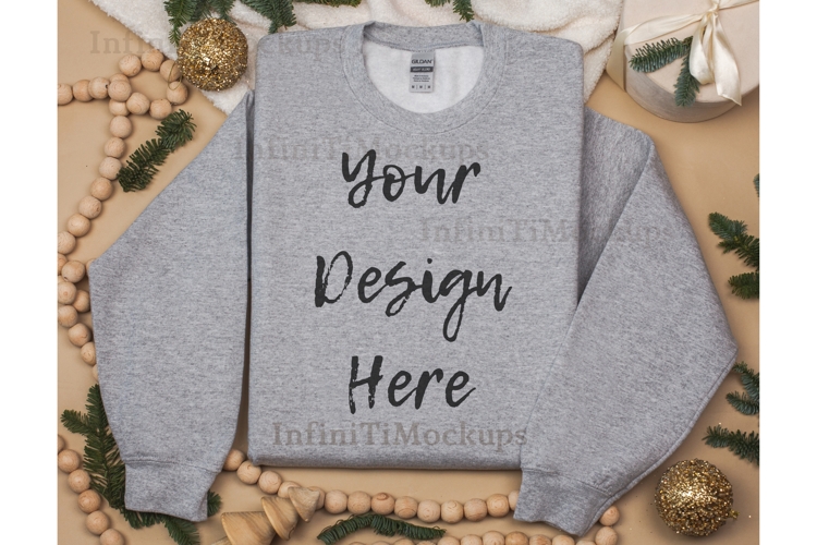Gildan 18000 Sport Grey sweatshirt mockup Xmas Flat lay
