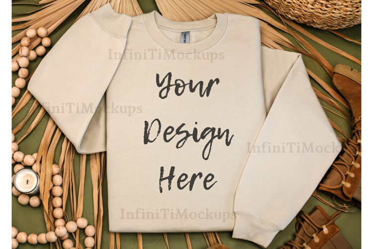 Gildan 18000 sweatshirt mockup in Sand color Boho flat lay