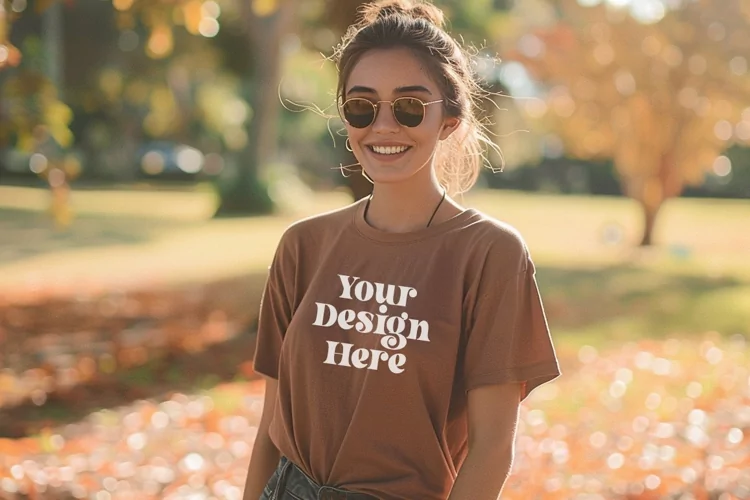 Gildan 5000 Crewneck Women Brown Color T-shirt Mockup