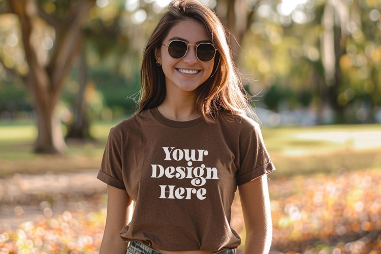 Gildan 5000 Crewneck Women Brown Color T-shirt Mockup example image 1
