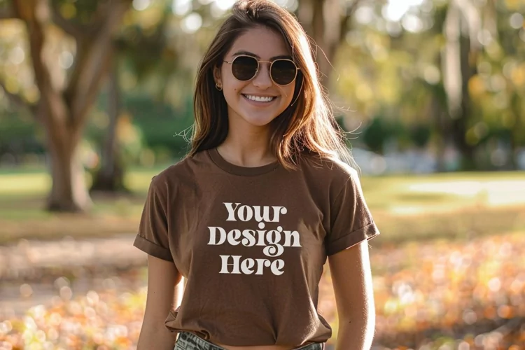 Gildan 5000 Crewneck Women Brown Color T-shirt Mockup