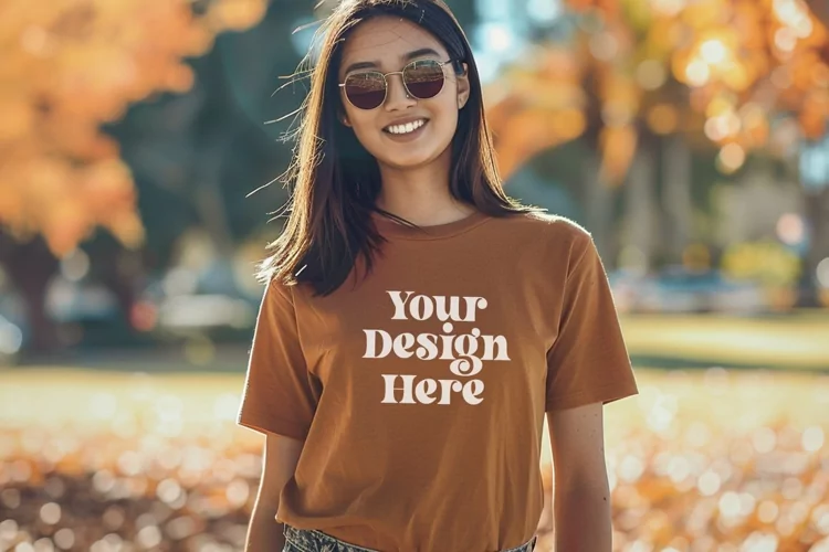 Gildan 5000 Crewneck Women Brown Color T-shirt Mockup