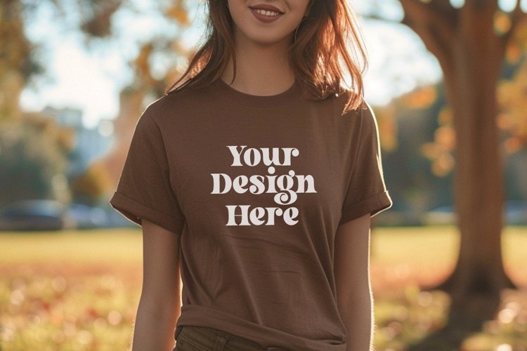 Gildan 5000 Crewneck Women Brown Color T-shirt Mockup example image 1