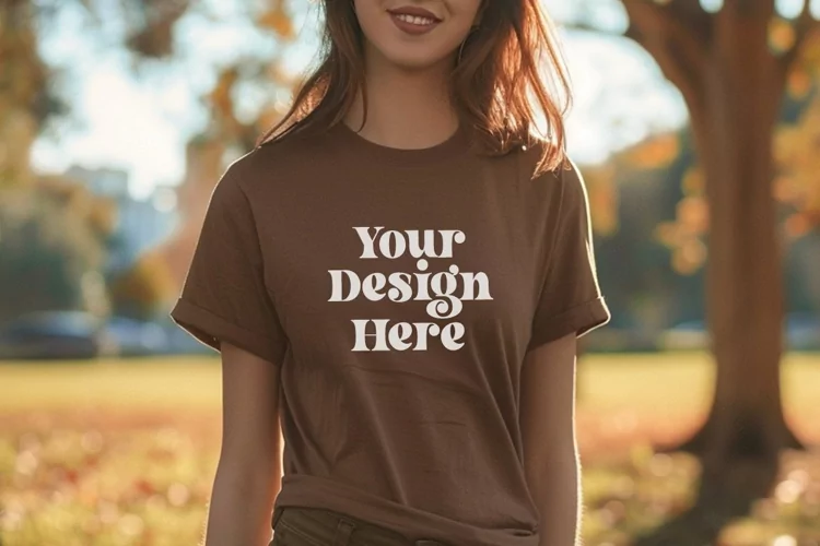 Gildan 5000 Crewneck Women Brown Color T-shirt Mockup