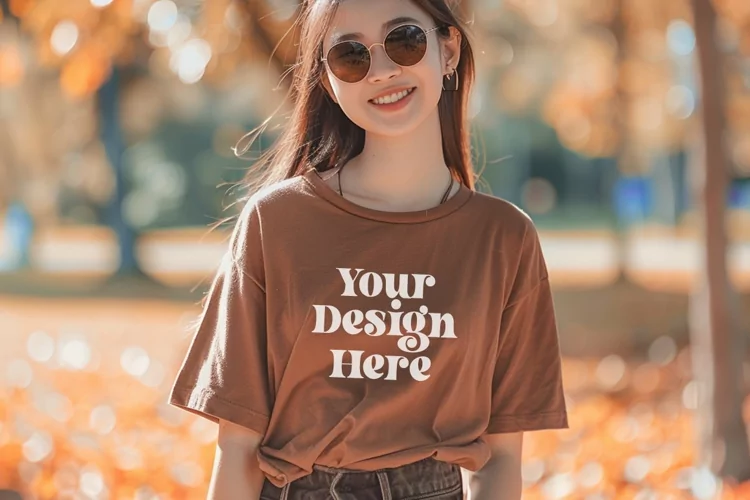 Gildan 5000 Crewneck Women Brown Color T-shirt Mockup