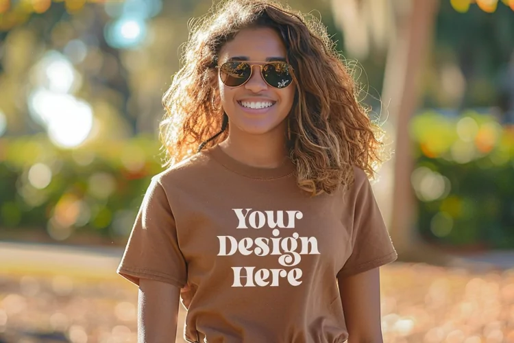 Gildan 5000 Crewneck Women Brown Color T-shirt Mockup