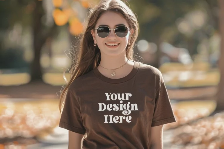 Gildan 5000 Crewneck Women Brown Color T-shirt Mockup