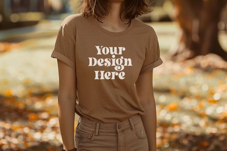 Gildan 5000 Crewneck Women Brown Color T-shirt Mockup
