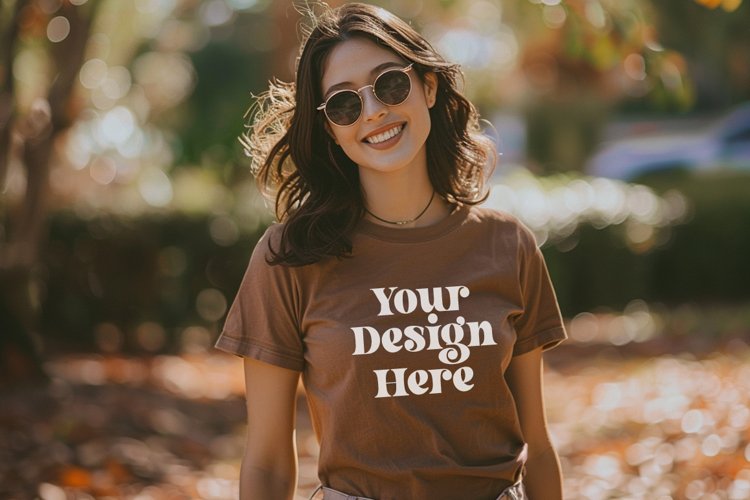 Gildan 5000 Crewneck Women Brown Color T-shirt Mockup example image 1