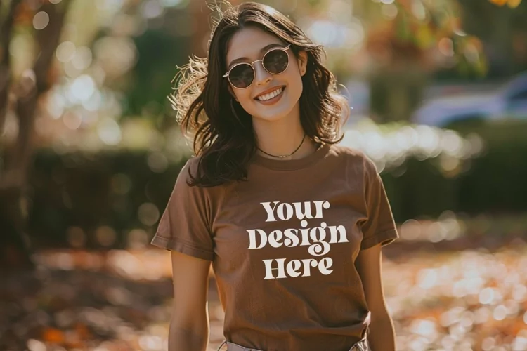 Gildan 5000 Crewneck Women Brown Color T-shirt Mockup