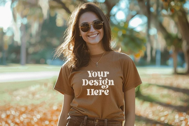Gildan 5000 Crewneck Women Brown Color T-shirt Mockup