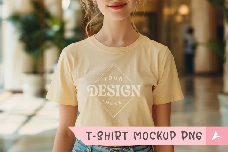 Gildan 5000 crewneck women light yellow color t-shirt mockup