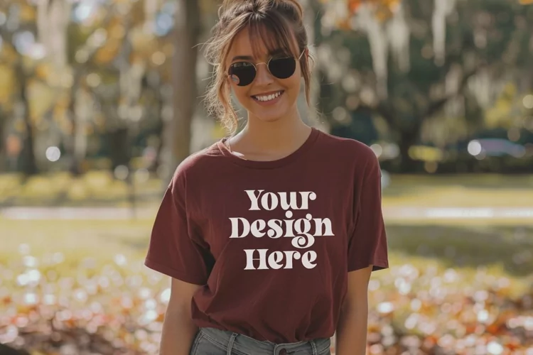 Gildan 5000 Crewneck Maroon Color T-shirt Mockup