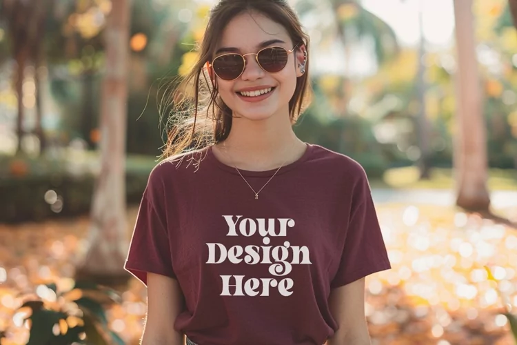 Gildan 5000 Crewneck Maroon Color T-shirt Mockup