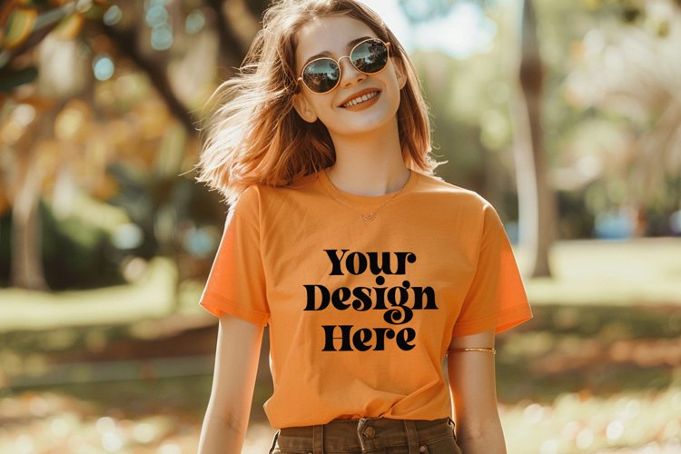 Gildan 5000 Crewneck Orange Color T-shirt Mockup example image 1