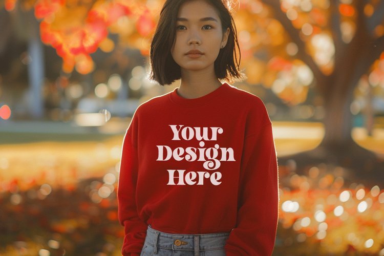 Gildan 5000 Crewneck Women Red Color T-shirt Mockup