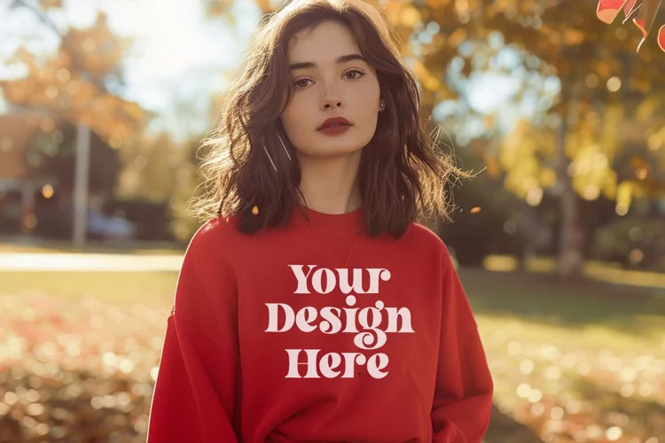 Gildan 5000 Crewneck Women Red Color T-shirt Mockup