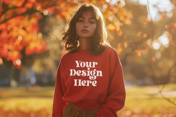 Gildan 5000 Crewneck Women Red Color T-shirt Mockup