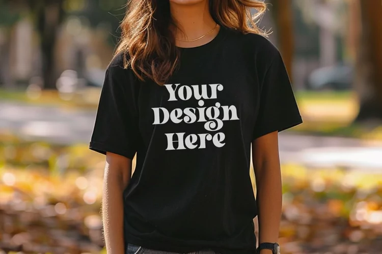 Gildan 5000 Crewneck Women Black Color T-shirt Mockup
