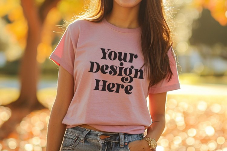 Gildan 5000 Crewneck Women Pink Color T-shirt Mockup example image 1