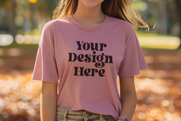 Gildan 5000 Crewneck Women Pink Color T-shirt Mockup example image 1