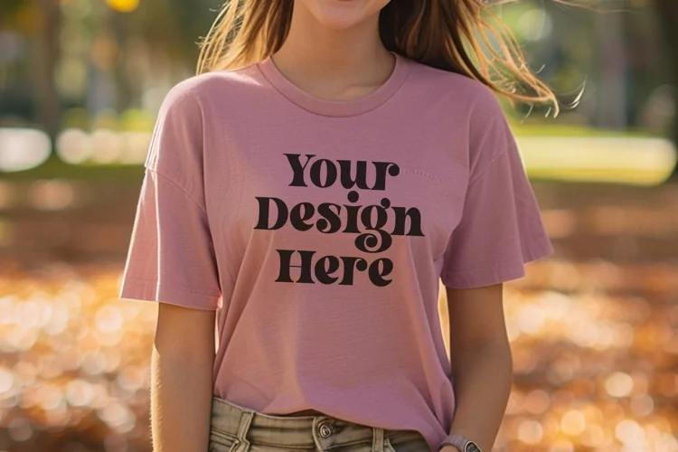 Gildan 5000 Crewneck Women Pink Color T-shirt Mockup
