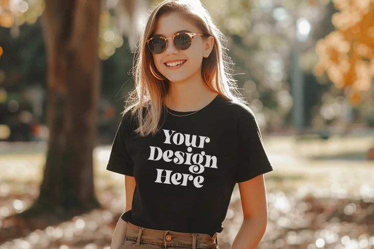 Gildan 5000 Crewneck Women Black Color T-shirt Mockup