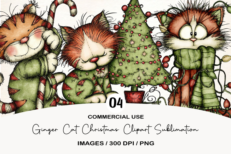 Ginger Cat Christmas Clipart Sublimation