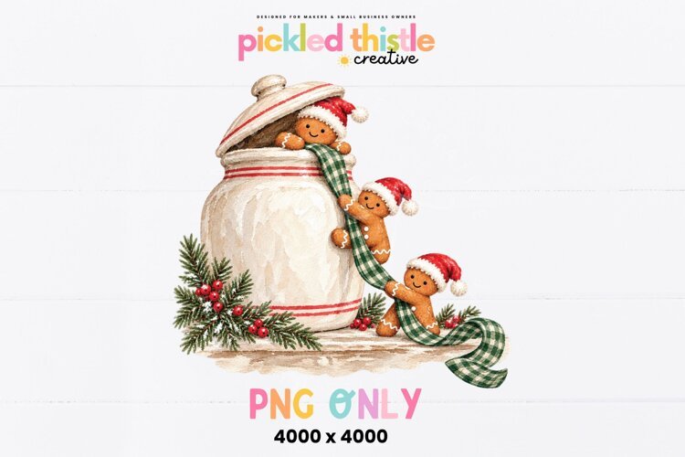 Digital Christmas PNG featuring a cozy gingerbread scene with a cream ceramic cookie jar, green plaid ribbon, evergreen sprigs and three festive gingerbread cookies.