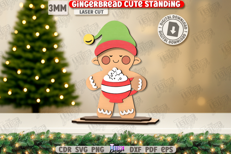 Wood Gingerbread Laser Cut|Cute Christmas Standing|Xmas SVG