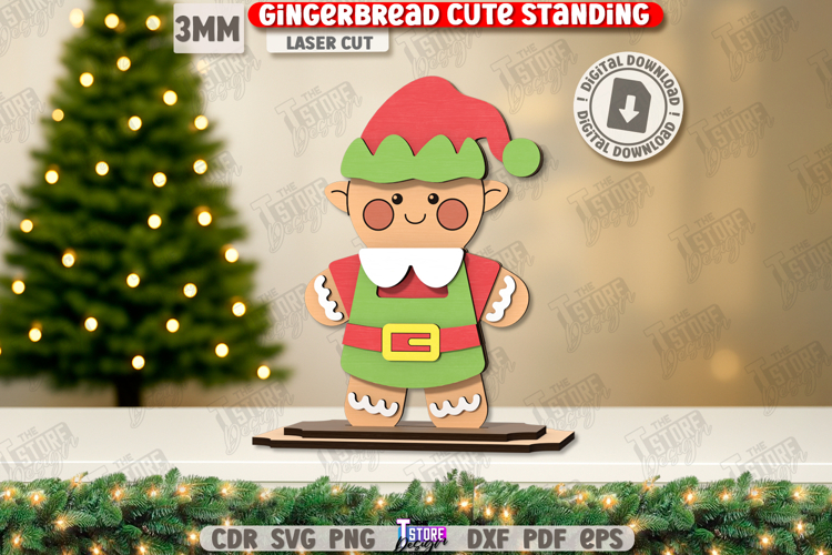 Wood Gingerbread Laser Cut|Cute Christmas Standing|Xmas SVG