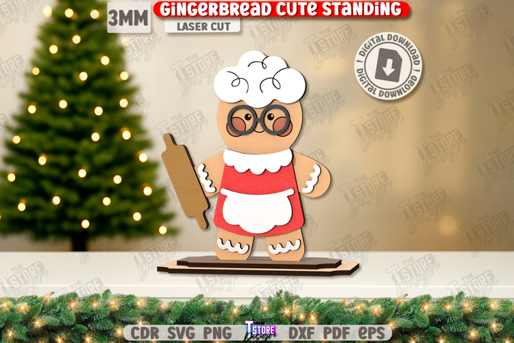 Wood Gingerbread Laser Cut|Cute Christmas Standing|Xmas SVG