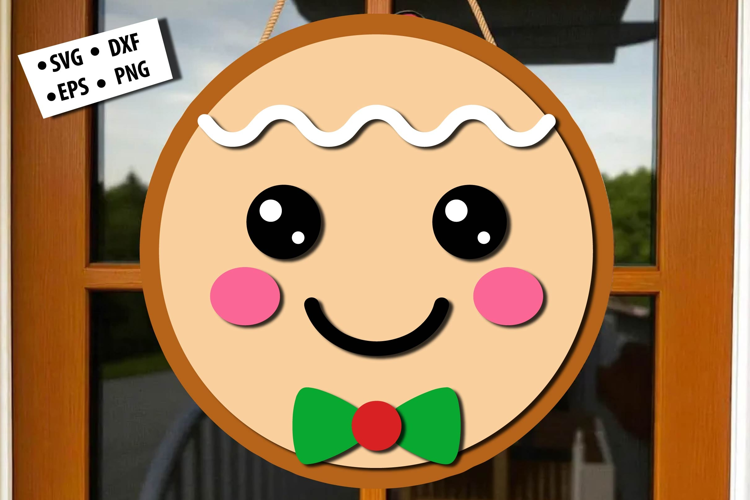 Gingerbread Face Christmas Round Door Hanger SVG Design