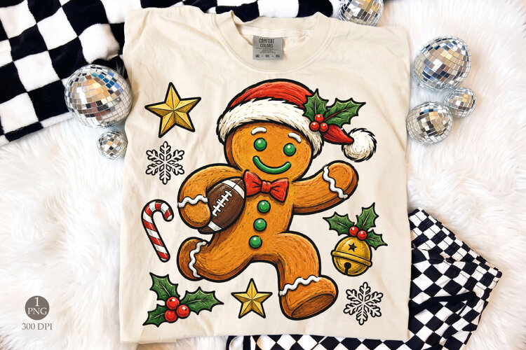 Gingerbread Football Christmas PNG, Retro Holiday Doodle Shi example image 1