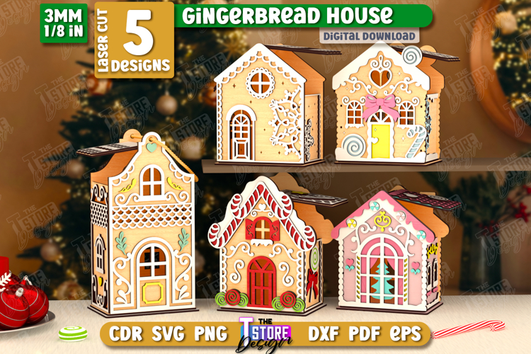 3D Gingerbread Decorative Houses Laser Cut Bundle, Christmas