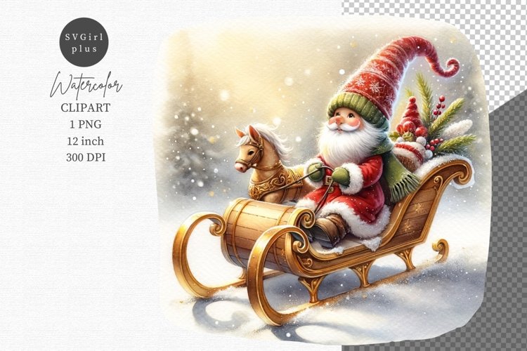 Gnome clipart, Winter sleigh clipart, Watercolor clipart example image 1