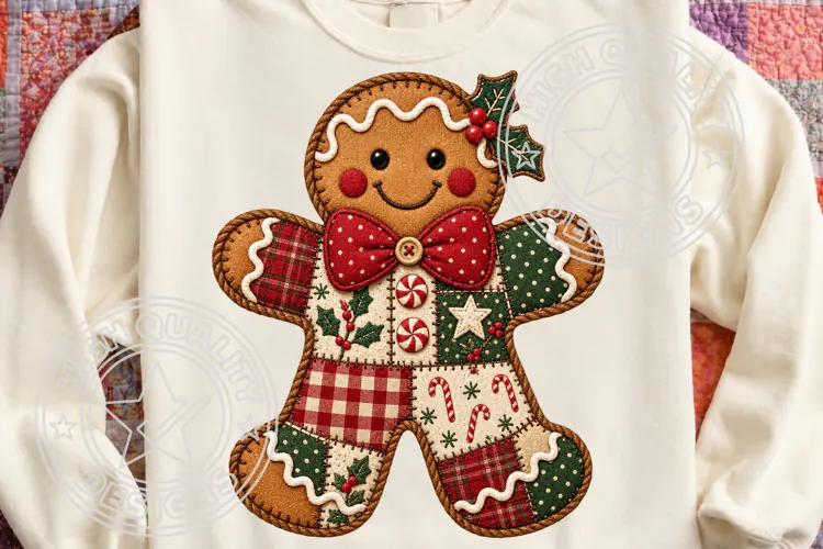 Gingerbread Man Patchwork Applique Embroidery Design